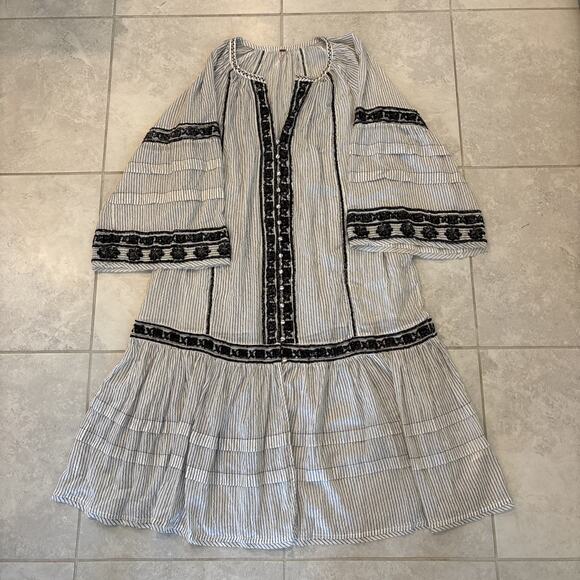 Free People Dresses & Skirts - Free People Vagabond Embroidered Midi Ivory Black Large Striped Tunic Dress
